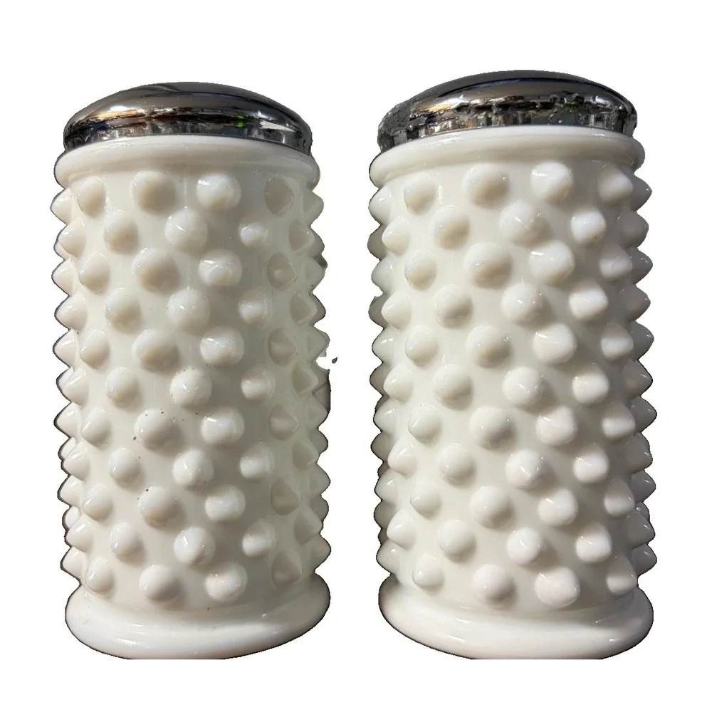 Vintage Fenton White Milk Glass Hobnail Salt Pepper Shakers Foil Label 4